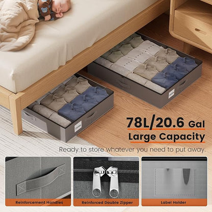 XXXL 78L Under Bed Storage, Storage Containers with Support & Clear Lid, Support Frame, Underbed Storage Bins for Clothes, Shoes, Blankets, and Toys 2 pack