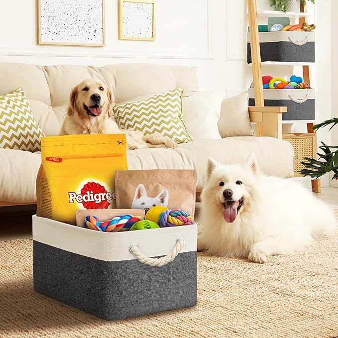 Simple Houseware 15.7" x 12" Wide & Low Fabric Storage Bin for Shallow Gaps and Closet, Braided Handles, 3 Pack, Dark Gray