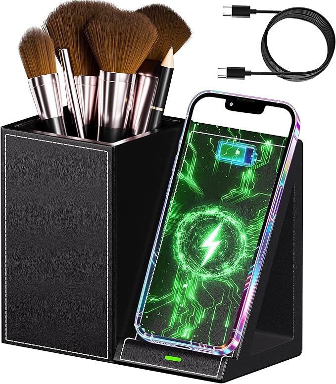 LADSTAG Leather Makeup Brush Holder Organizer with Phone Charging Stand, Makeup Organizers Countertop, Makeup Organization and Skincare Storage for Vanity, Desktop, Bathroom