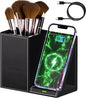 LADSTAG Leather Makeup Brush Holder Organizer with Phone Charging Stand, Makeup Organizers Countertop, Makeup Organization and Skincare Storage for Vanity, Desktop, Bathroom