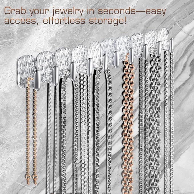 Gesodant 6 Pack Hanging Jewelry Organizer, Self-Adhesive Jewelry Hooks, Clear Wall Mounted Jewelry Hanger, Necklace Display Holder, 30 Hooks in Total