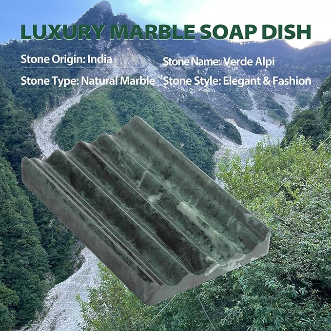 Koville Indian Natural Marble Soap Dish for Shower, Stone Soap Tray for Bathroom, Bar Soap Holder for Sink, Stripe Grooves Saver Sponge Holder Keep Soap Bars Dry Easy Clean (Verde Alpi)