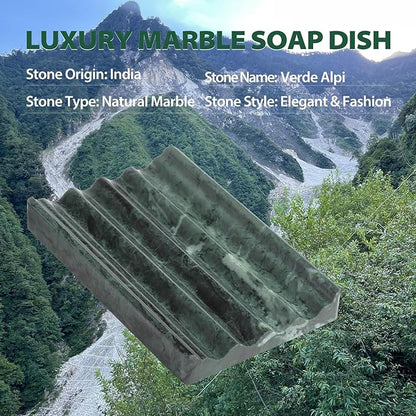 Koville Indian Natural Marble Soap Dish for Shower, Stone Soap Tray for Bathroom, Bar Soap Holder for Sink, Stripe Grooves Saver Sponge Holder Keep Soap Bars Dry Easy Clean (Verde Alpi)