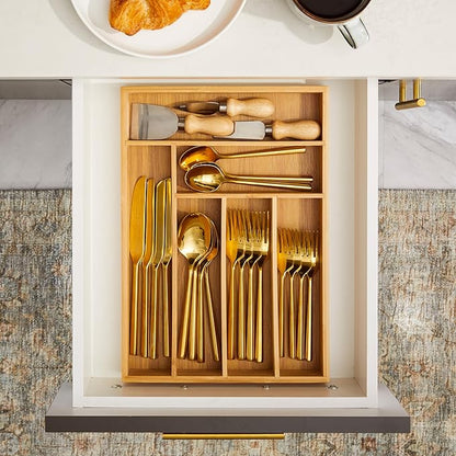 Juvale Silverware Organizer Tray - Brown Bamboo, 6-Slot, 14.5 x 10.25 x 1.75 in - Utensil Drawer Organizer & Cutlery Tray for Kitchen & Desk Use
