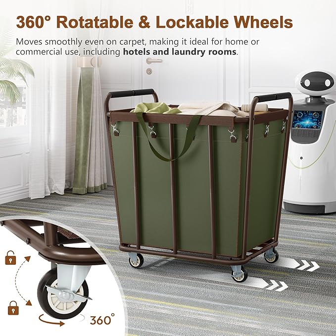 Hoctieon Large Laundry Cart with Wheels, 400L Heavy Duty Laundry Basket Organizer, Rolling Hamper Sorter for Clothes Storage, Industrial Dirty Clothes Hamper for Home & Hotel, Green+Brown