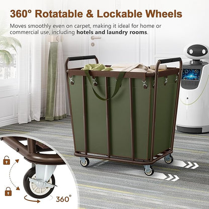 Hoctieon Large Laundry Cart with Wheels, 400L Heavy Duty Laundry Basket Organizer, Rolling Hamper Sorter for Clothes Storage, Industrial Dirty Clothes Hamper for Home & Hotel, Green+Brown