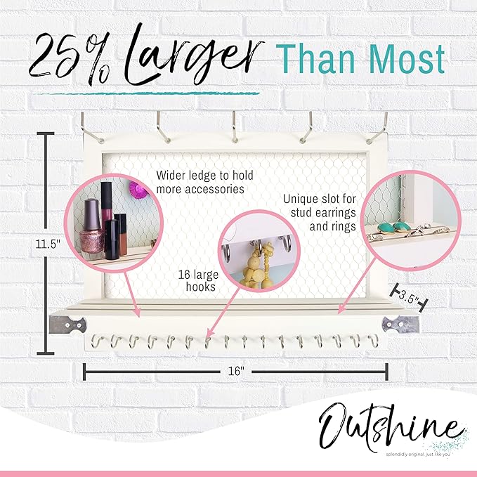 OUTSHINE Large Farmhouse Wall Jewelry Organizer (White) | Wall Organizer For Earrings, Necklace, Bracelet, Hair Accessories | Chicken Wire Earring Holder | For Women, Wife, Mom, Girlfriend
