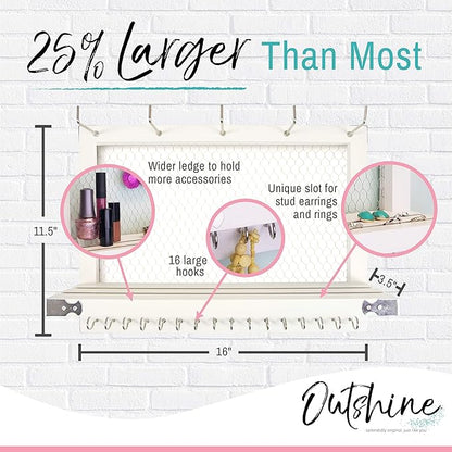 OUTSHINE Large Farmhouse Wall Jewelry Organizer (White) | Wall Organizer For Earrings, Necklace, Bracelet, Hair Accessories | Chicken Wire Earring Holder | For Women, Wife, Mom, Girlfriend