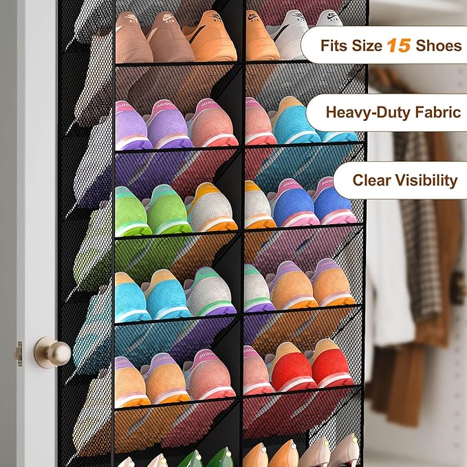 UVIAHOMI 20-30 Pairs Over the Door Shoe Organizer, Breathable Pocket Hanging Shoe Storage for Closet, 10-Tier Door Shoes Rack, Handing Shoes Holder Fit All the Family's Sneakers, Boots, Heels, Black