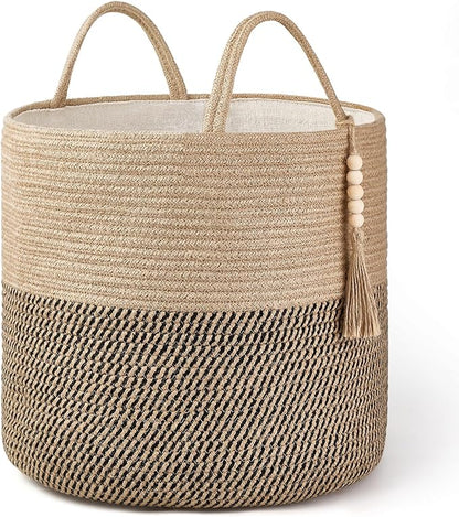 Mkono Woven Storage Basket Decorative Rope Basket Wooden Bead Decoration for Blankets,Toys,Clothes,Shoes,Plant Organizer Bin with Handles Living Room Home Decor, Yellow and Black, 16" W × 13.8"