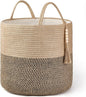 Mkono Woven Storage Basket Decorative Rope Basket Wooden Bead Decoration for Blankets,Toys,Clothes,Shoes,Plant Organizer Bin with Handles Living Room Home Decor, Yellow and Black, 16" W × 13.8"