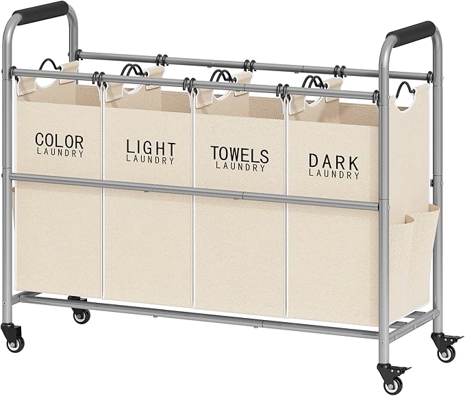 Tajsoon 4 Bag Laundry Sorter Cart, 4 Section Laundry Hamper Sorter with Heavy Duty Lockable Rolling Wheels, Laundry Separator Hamper with Removable Bags for Dirty Clothes Storage, Beige