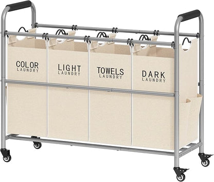 Tajsoon 4 Bag Laundry Sorter Cart, 4 Section Laundry Hamper Sorter with Heavy Duty Lockable Rolling Wheels, Laundry Separator Hamper with Removable Bags for Dirty Clothes Storage, Beige