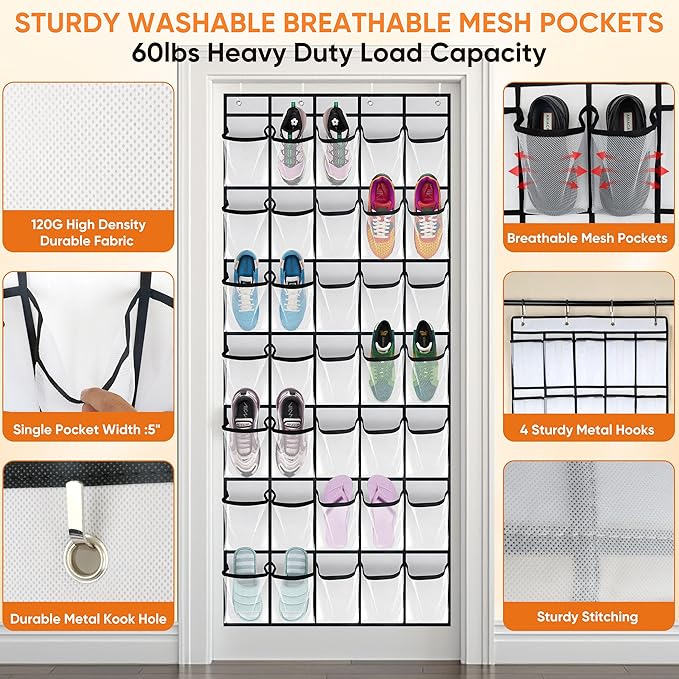 35 Over the Door Shoe Organizer Large Mesh Pocket Hanging Shoe Rack for Closet Nonslip Behind Door Storage Holder Back to School Organizer for Mesh Closet Dorm Room College Classroom Storage