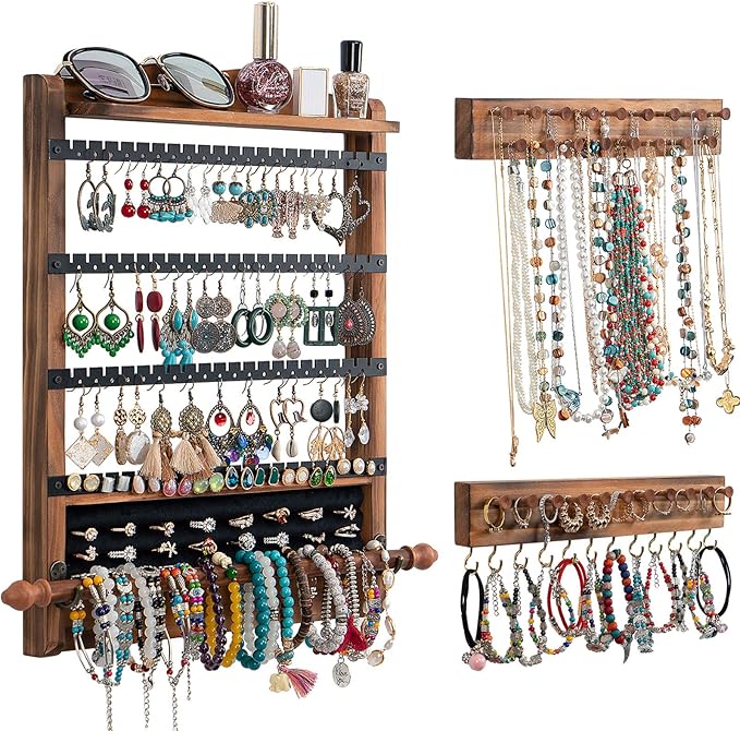 3Pcs Jewelry Organizers and Storage,Wood Earring Organizer,Hanging Jewelry Organizer,Rustic Wall Jewellery Organizer,Wall Mounted Earring Holder for Storage Display Gift (Brown+Black)