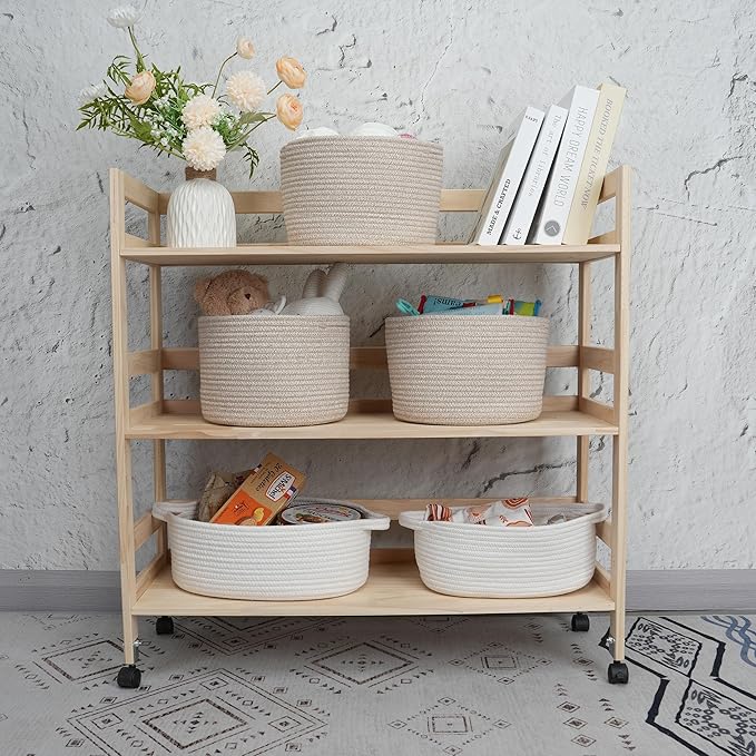 XUANGUO Woven Cotton Storage Baskets - 3-Pack Round Bins (10x10x7'') for Shelves, Closets & Bookcases | Durable Rope Organizers for Nursery, Baby, Toys, Easter & More (Oatmeal)