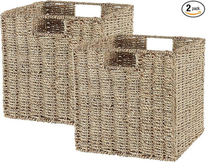 Vagusicc Wicker Storage Basket, Set of 2 Seagrass Storage Baskets, Foldable Wicker Basket 9 Inch Square Cube Storage Bins Storage Baskets for Organizing Shelf Baskets, 9''x9''x9''