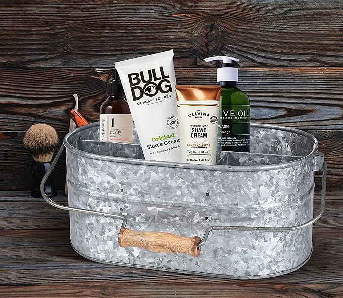 Goroly Home Galvanized Metal Caddy Storage Bin with Wooden Handle, 4 Compartments, Rustic Farmhouse Decor for Kitchen, Garden, Patio, Laundry Room (Antique Grey)