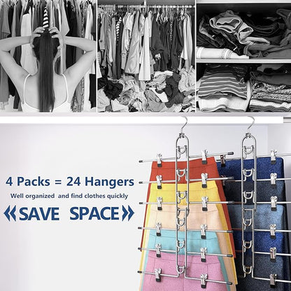 Pants & Skirt Hangers with Clips, Newly Upgraded Detachable - Space Saving Hangers, 6-Tiers Foldable Skirt Hangers for Women - Hanging Closet Organizer and Storage - 4 Pack, Patent Pending