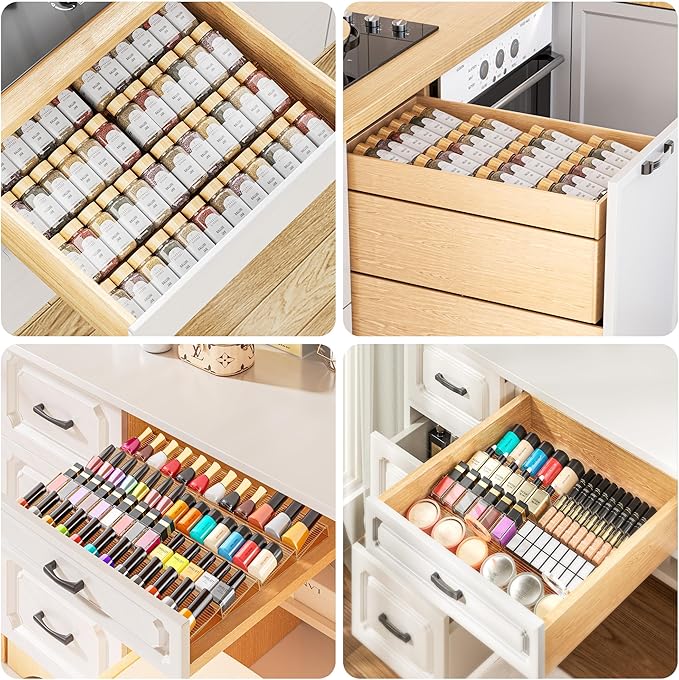PanPanPal Spice Drawer Organizer, 4 Tier- 4 Pack Amber Acrylic Drawer Seasoning Organizer, Expandable From 11'' to 22'' Kitchen Spice Rack Organizers and Storage for Drawer (Jars not included)