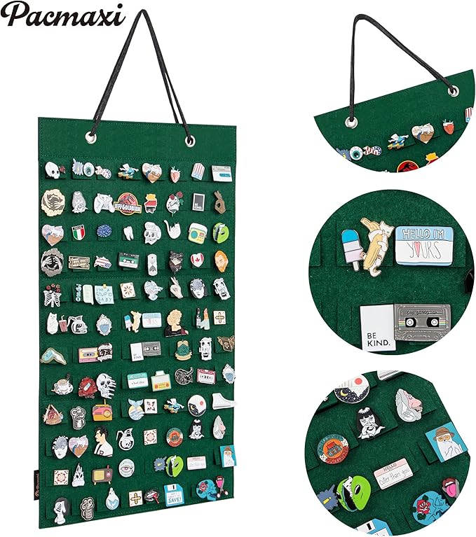 PACMAXI Hanging Brooch Pin Organizer, Display Pins Storage Case, Brooch Collection Storage Holder, Holds Up to 96 Pins.(Not Include Any Accessories) (S-96 Slots, Green, Small)