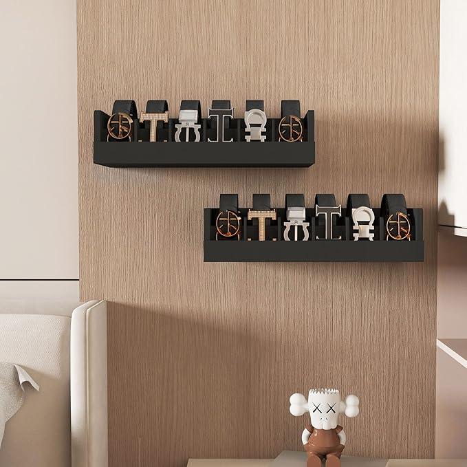 Belt Organizer for Closet - 6 Grids Black Bamboo Belt Storage Organizer Racks for Men Women's Drawer, Belt Display Holder Wall Mount with 2 Pcs Tie Clip