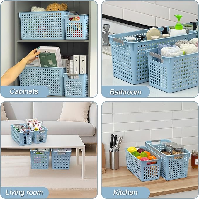 Soddeph Slim Plastic Storage Basket with Handles, Narrow Organizer box for Shelves, Organizer box for Organizing, Kitchen,Home,Office (Blue, Medium)