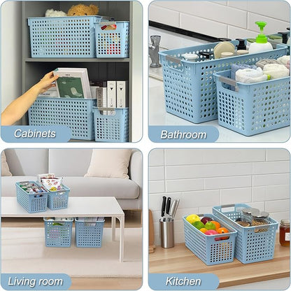 Soddeph Slim Plastic Storage Basket with Handles, Narrow Organizer box for Shelves, Organizer box for Organizing, Kitchen,Home,Office (Blue, Large)