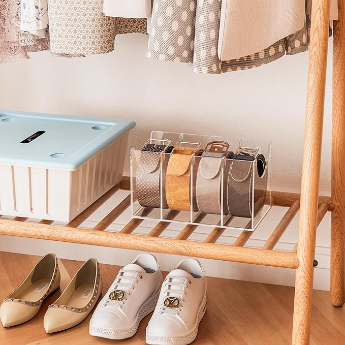 Sezanrpt 4 Compartments Acrylic Belt Organizer, Clear Belt Storage Organizer for Closet, Wall Mount Belt Holder