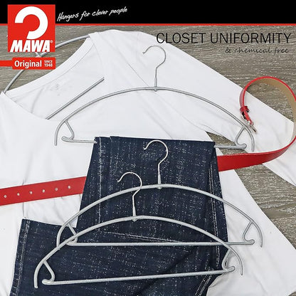 Mawa by Reston Lloyd Euro Ultra Light/Thin Series, Non-Slip Space Saving Clothes Hanger with Bar & Hook for Pants and Skirts, Style 42/PTU, Set of 2, Silver