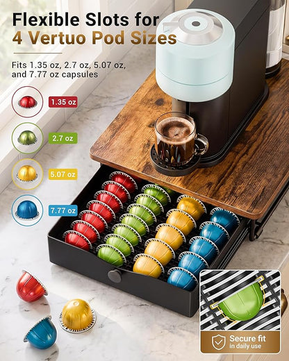EVERIE Coffee Pod Holder Drawer, Compatible with Nespresso Vertuo Capsules, Holds 40 Large or 52 Small Pods, Flexible Slots for 4 Capsule Sizes, Rustic Brown Countertop Organizer, 15.6" Dx13 Wx3.7 H