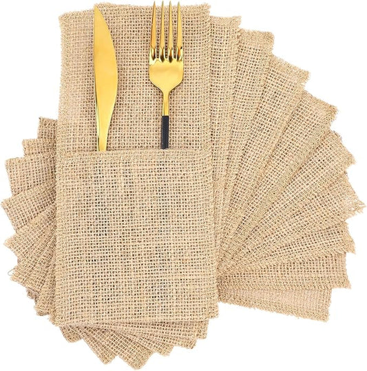 50 Pcs Natural Jute Utensils Holders, 8.8 x 4 inch Cutlery Pouch, Silverware Holder, Napkin Bag for Rustic Wedding Party Decorations