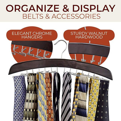 Richards Wooden Tie Rack Hanging Organizer for Mens Closet Accessories, Space Saving Necktie Holder for Storage and Display, Holds 24 Ties, Hook, Walnut Wood with Chrome Accents