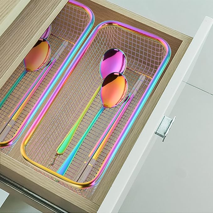 Silverware Drawer Organizer, Rainbow Mesh Kitchen Drawer Organizers, Iridescent Stackable Storage Basket Metal Utensil Holder for Flatware, 12.5"x5"x2.5", Pack of 2