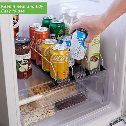 Soda Can Dispenser for Refrigerator with Adjustable Pusher Glide - Perfect for Soda, Beer, and Other Beverages (3 Rows, 12"D)