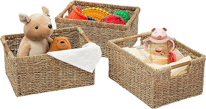Large Wicker Basket Rectangular with Wooden Handles for Shelves, Seagrass Basket Storage, Natural Baskets for Organizing, Wicker Baskets for Storage - 3 Pack Large