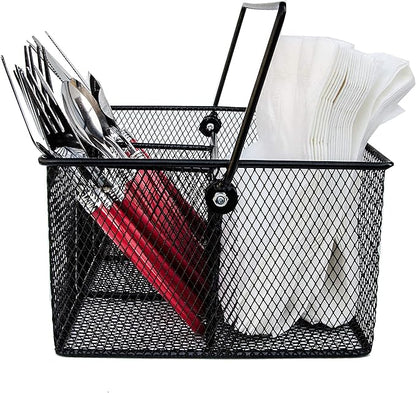 Utensil Caddy -Silverware Caddy for Parties, Spoon Holder, Buffet Organizer for Condiments, Napkin, Forks, Knives -Stainless Steel Flatware Caddy for Home, Picnics or Entertaining Evens (Black)