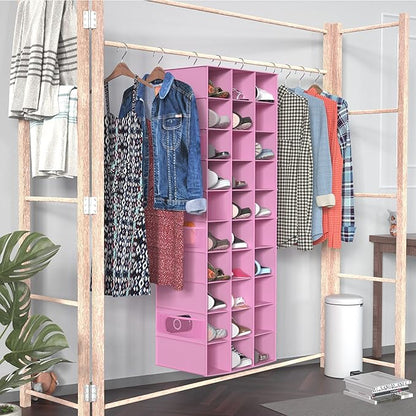 Libeder Hanging Closet Organizers 30 Section Shoe Shelves, Shoe Storage Hanging Shoe Rack, Space Saving Shoe Holder, Pink
