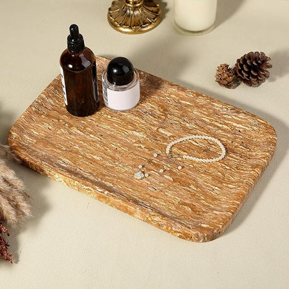 Karibiber Natural Marble Vanity Tray, 11.8" Travertine/Stone Bathroom Tray Countertop, Golden Stone for Perfume Jewelry Holder, Decorative Dresser Organizer, Storage for Kitchen Sink(Walnut Traver)