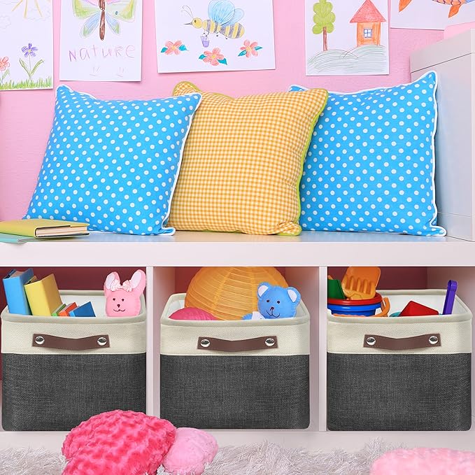 Simple Houseware 15" x 11" Large Fabric Storage Bin for Closet and Shelves, Leather Like Handles, 3 Pack, Dark Gray