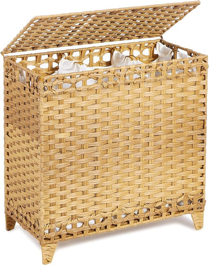 Laundry Hamper with 3 Removable Liner Bags; 132L Handwoven Rattan Laundry Basket with Lid & Heightened Feet; Clothes Hamper with Side Handles; Laundry Sorter with 3 Separate Sections