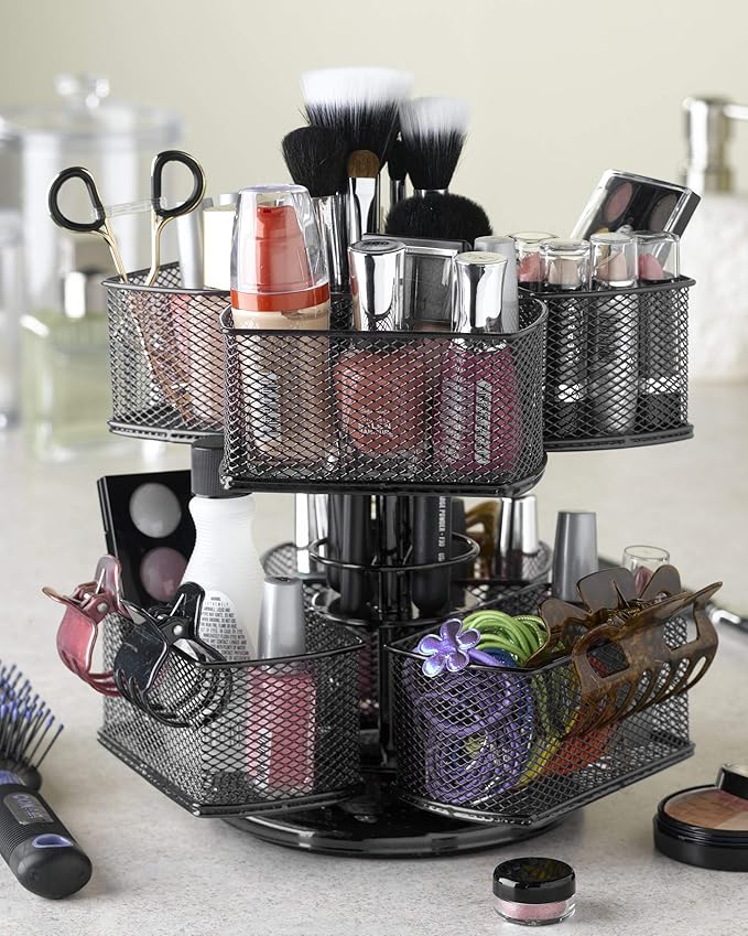 Nifty 2-Tier Cosmetic Organizing Carousel - Silver Powder Coat Finish, Spins 360-Degrees, Cosmetic Bathroom or Bedroom Vanity Storage, Beauty Supplies Organizer, Lazy Susan Platform
