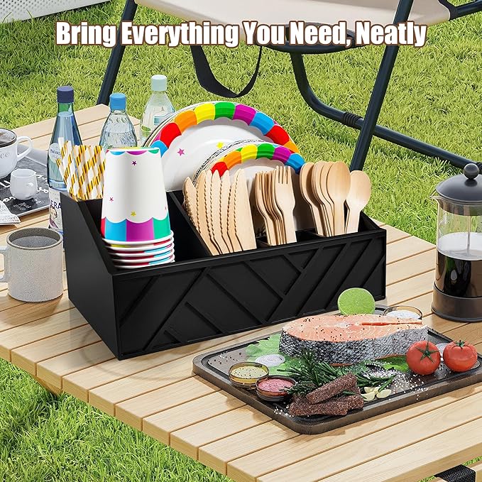 Paper Plate Dispenser with 6 Compartments – Wooden Utensil & Silverware Caddy Holder for Party, BBQ, Camping – Disposable Cutlery Organizer for Kitchen Countertop or Buffet Station, Black