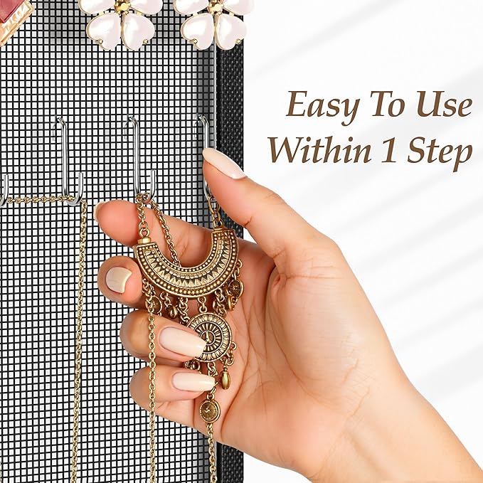 Mesh Earring and Necklace Holder Wall Hanging with Wooden Rods and Hooks, Jewelry Display