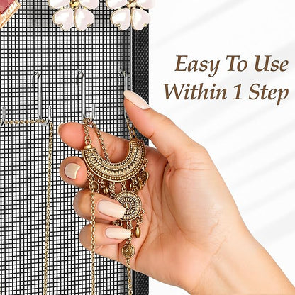 Mesh Earring and Necklace Holder Wall Hanging with Wooden Rods and Hooks, Jewelry Display