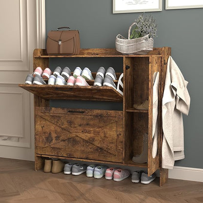 Shoe Storage Cabinet with 2 Flip Drawers, Freestanding Organizer with Metal Legs for Entryway, Narrow Shoe Rack Cabinet