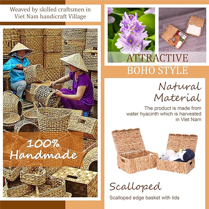 LUSYDECO Set of 2 Scalloped Edge Wicker Basket with Lids, Rectangle Wicker Storage Basket with Built-in Handles, Multipurpose Organizer Rattan Display Boxes for Shelf, Nursery Room