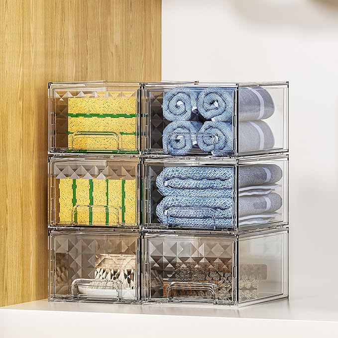 Delamu 6 Pack Stackable Storage Drawers, Makeup Skincare Holder Vanity Storage Organizer, Plastic Drawers For Vanity Desk, Undersink, Kitchen Cabinet, Pantry, Clear, Ideal Gifts for Women