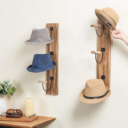 MyGift 2 Pcs Hat Rack Wall Mount, Cowboy Hat Organizer Holder, Coat, Cap Clothes Hanger with Metal Wire and Wood Hooks, Light Burnt