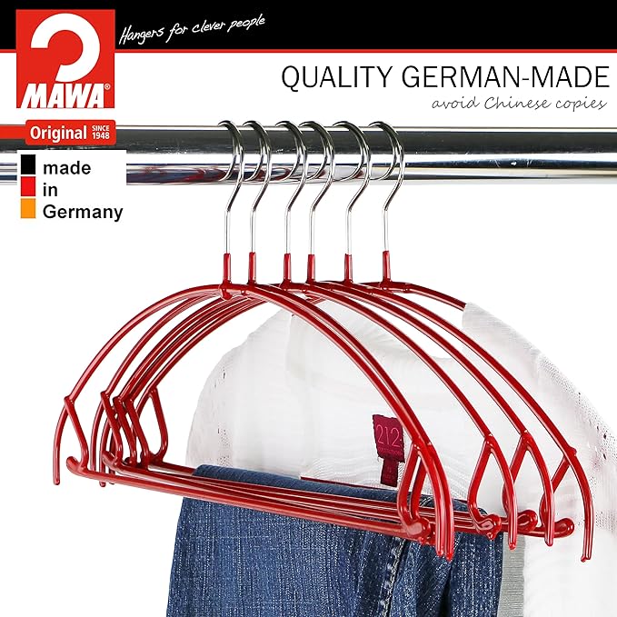 Mawa by Reston Lloyd Euro Ultra Light/Thin Series, Non-Slip Space Saving Clothes Hanger with Bar & Hook for Pants and Skirts, Style 42/PTU, Set of 2, Red